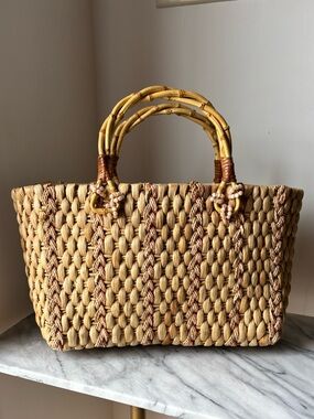 Vintage Straw Tote Handle Bag w Wicker Handles Top Zipper Beaded Handle Detail